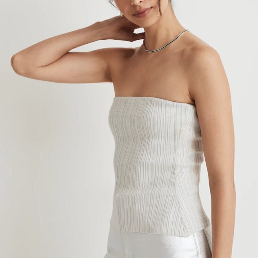 Madewell x Aimee Song Ribbed Knit Slim Fit Shimmer Metallic Tube Top Size XS NWT - Picture 3 of 7
